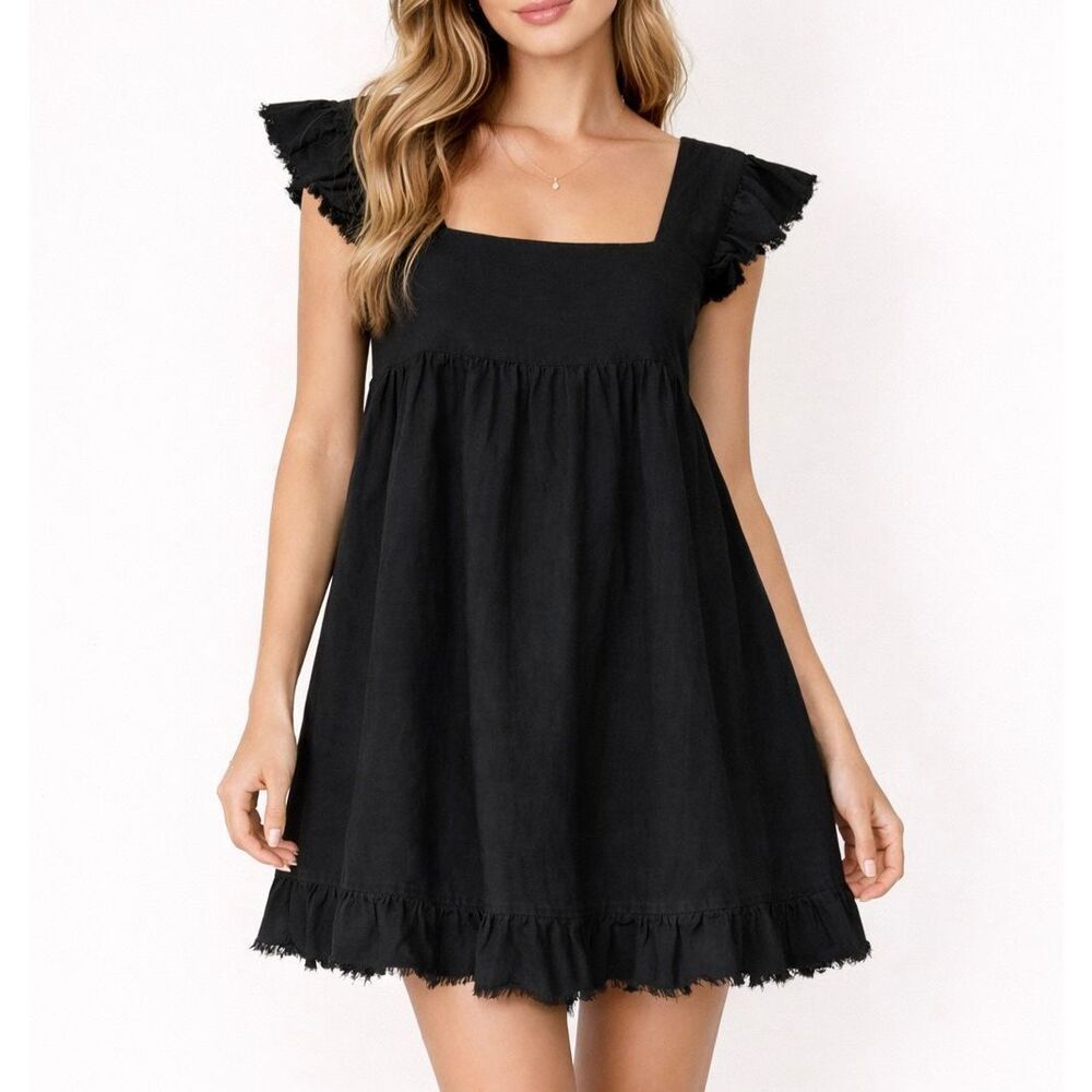 Aerie Mini Dress Sundress Flutter Linen Blend Ruffle Sleeve Black Small‎